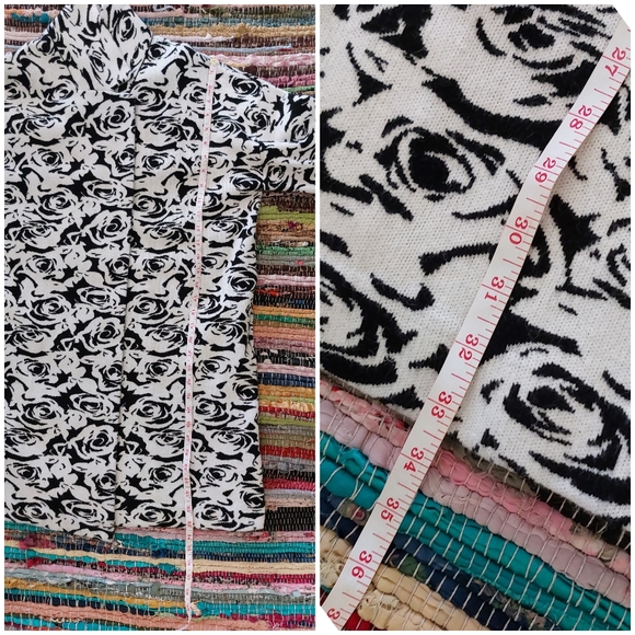 Tahari Black & White Rose Design Thick Viscose Knit Open Front Longline Sweater - Picture 11 of 11